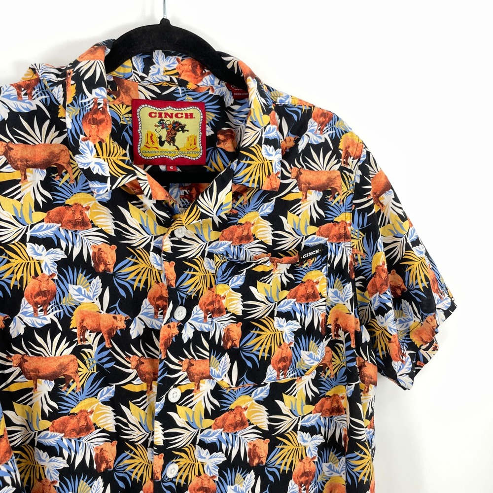 Cinch Aloha Angus Print Camp Shirt Mens Small Black Hawaiian Western Button Up